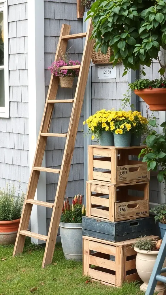 A wooden ladder with flowers and stacked wooden crates in a garden setting.