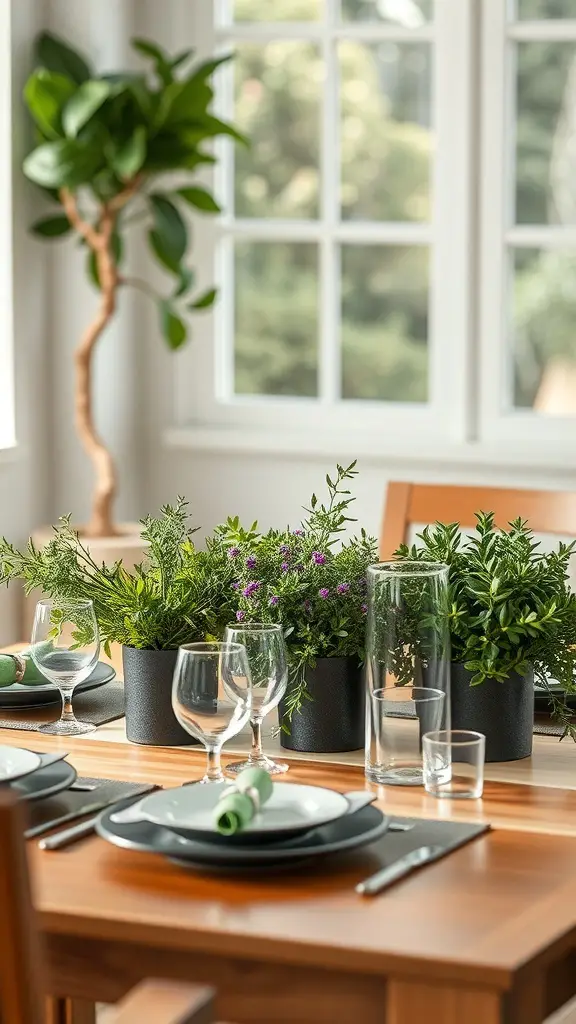 A dining table decorated with herb planters as centerpieces, featuring various herbs in black pots, elegant tableware, and a bright, inviting atmosphere.