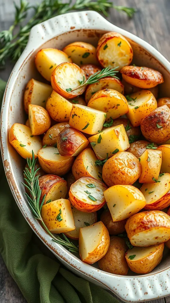 A dish of rosemary garlic roasted potatoes garnished with fresh herbs.