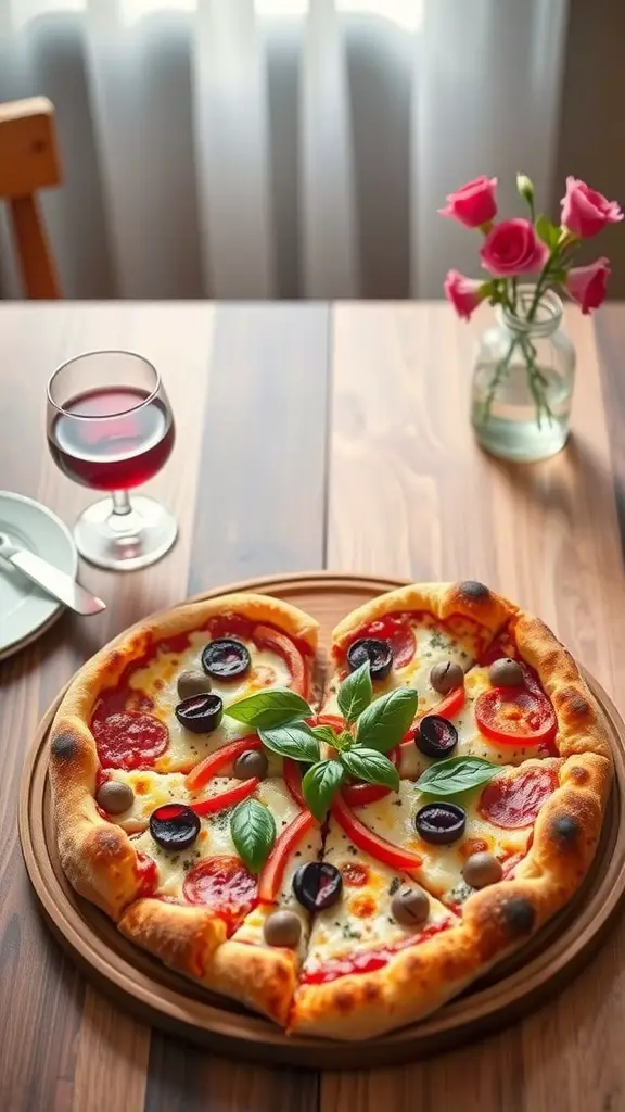 Heart-shaped pizza on a wooden board with a glass of red drink and a vase of roses