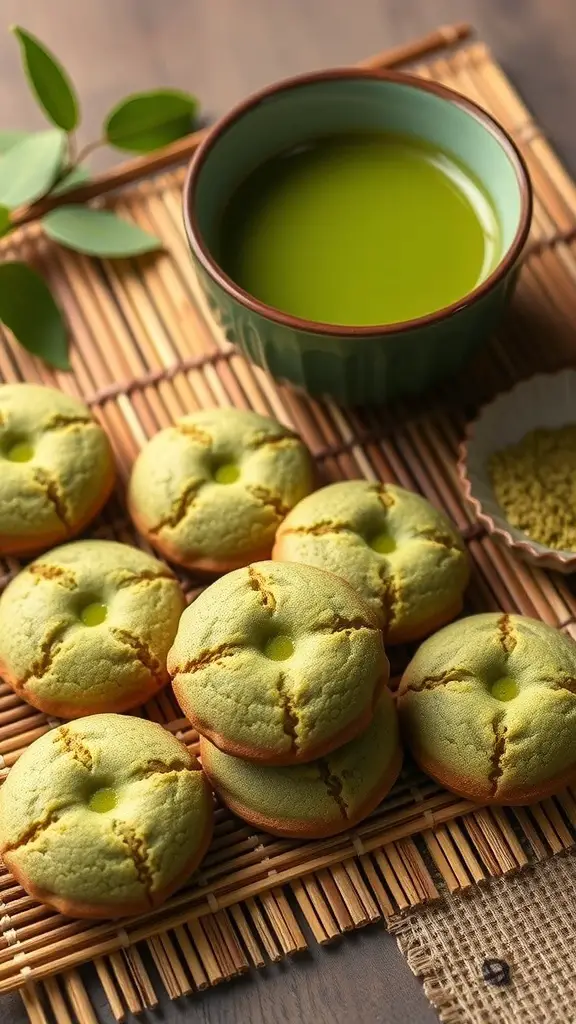 A plate of matcha green tea cookies with a bowl of matcha and matcha powder on a bamboo mat.