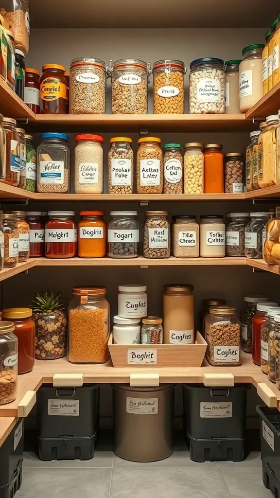 29+ Stylish Pantry Design Ideas to Elevate Your Storage Space 11 A well-organized pantry with labeled jars and containers for easy identification.