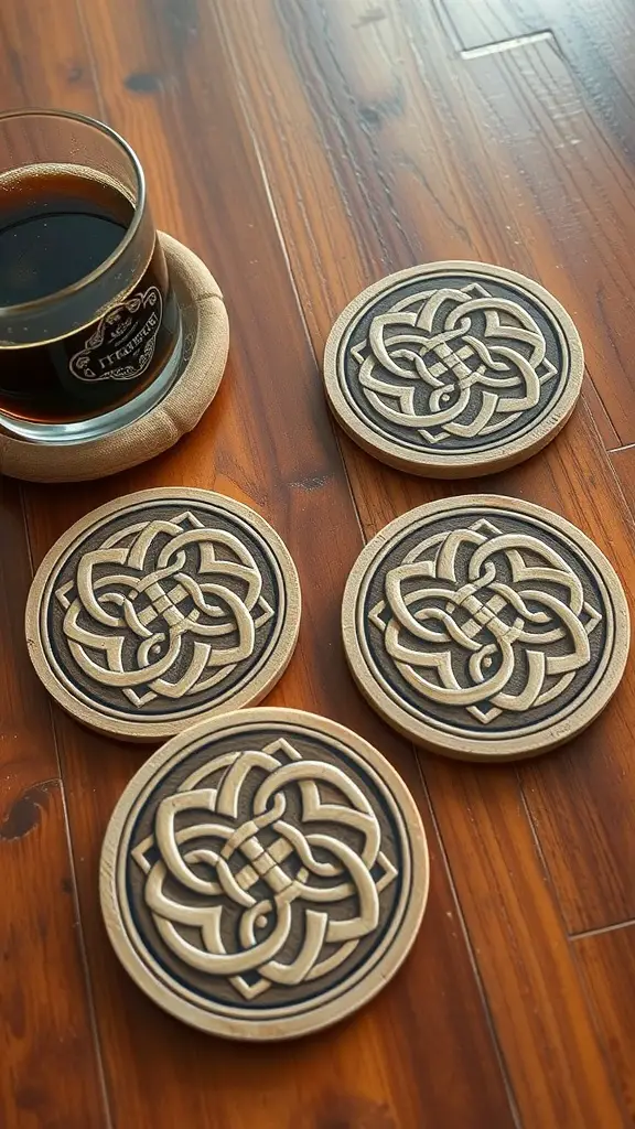 A set of four Celtic knot coasters with a glass of coffee on a wooden table.