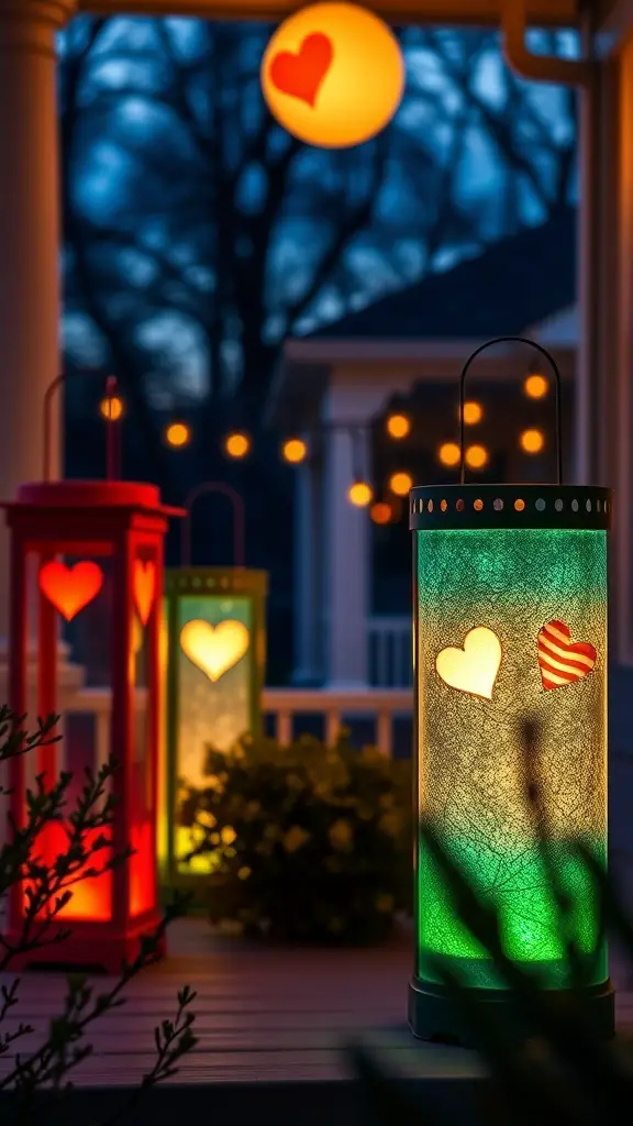 Colorful lanterns with heart designs on a porch, creating a festive Valentine's Day atmosphere.