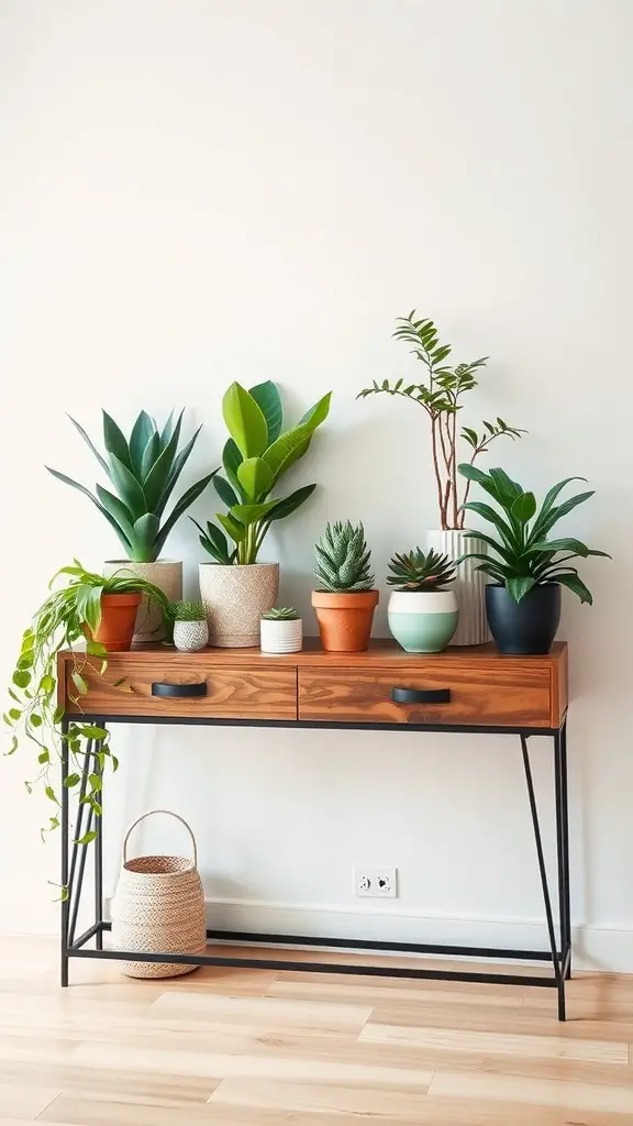 27+ Stunning Console Table Decor Ideas You Need to Try 9 A console table decorated with various potted plants, showcasing a mix of greenery and textures.