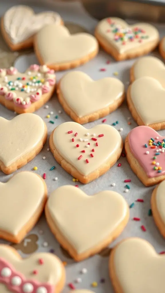 A variety of decorated vanilla heart sugar cookies on a baking tray.