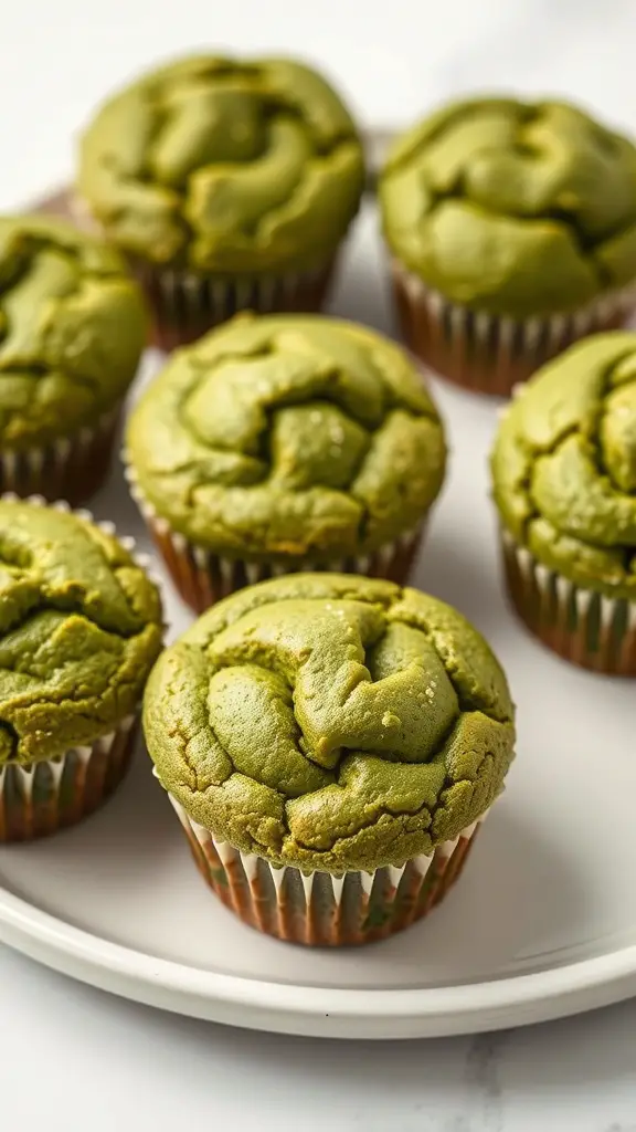 A plate of freshly baked matcha green tea muffins, showcasing their vibrant green color and fluffy texture.