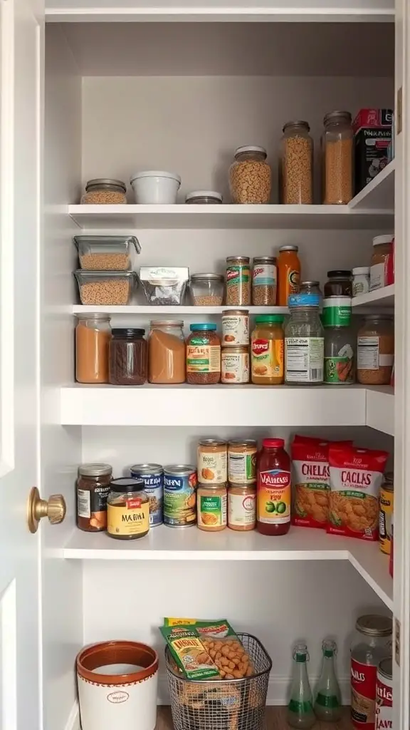 29+ Creative Small Pantry Ideas to Maximize Space 16 Organized pantry with corner shelves displaying jars and containers
