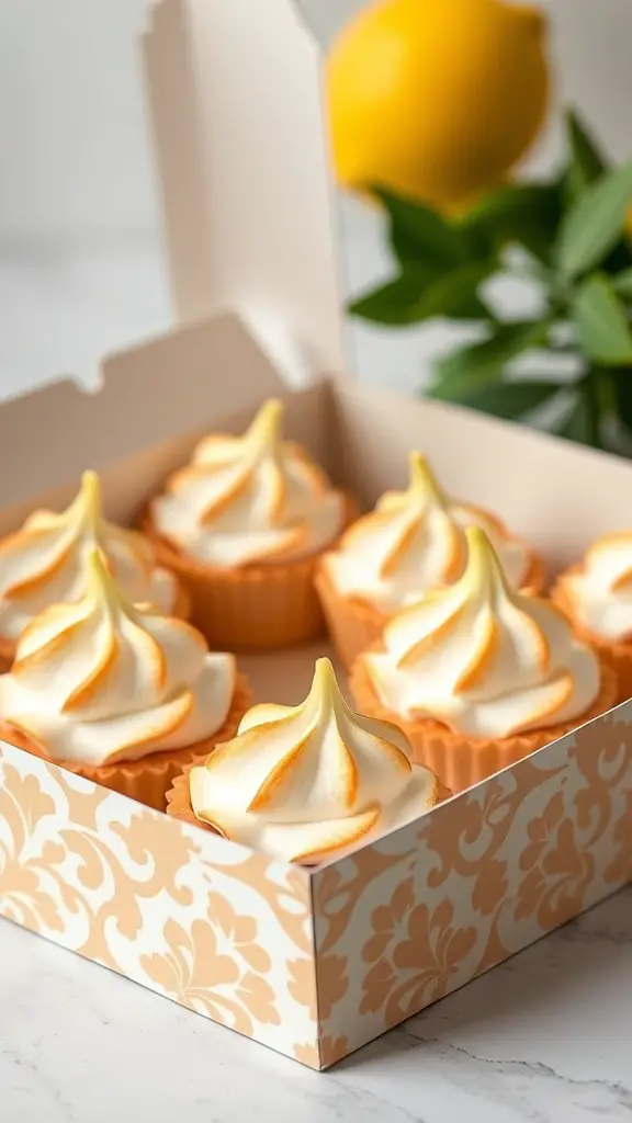 A box of lemon meringue tartlets with a lemon in the background