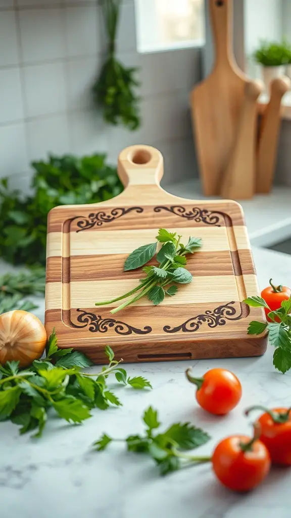 29+ Stunning Countertop Decor Ideas to Elevate Your Space 3 A decorative wooden cutting board with herbs and tomatoes on a kitchen countertop.