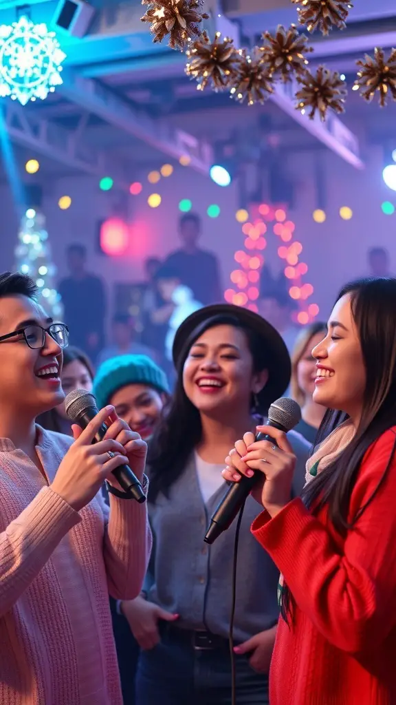 Friends enjoying a karaoke night with colorful lights and festive decorations.
