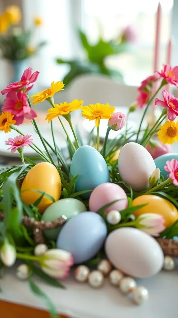 A colorful Easter centerpiece with eggs and flowers.