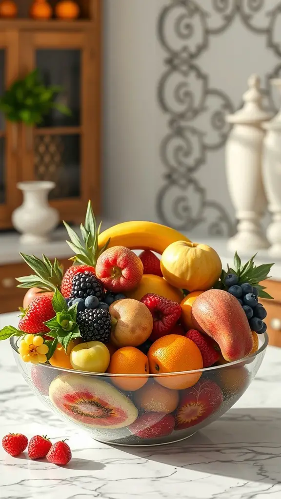 29+ Stunning Countertop Decor Ideas to Elevate Your Space 6 A colorful assortment of fruits in a clear glass bowl on a marble countertop.