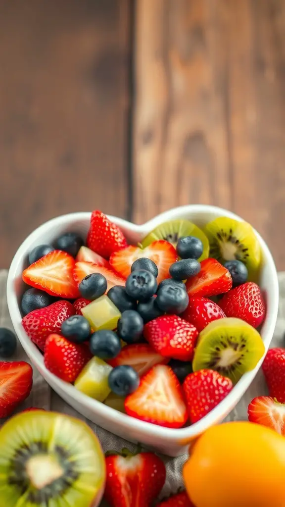 A heart-shaped bowl filled with a colorful fruit salad including strawberries, blueberries, kiwi, and honeydew.