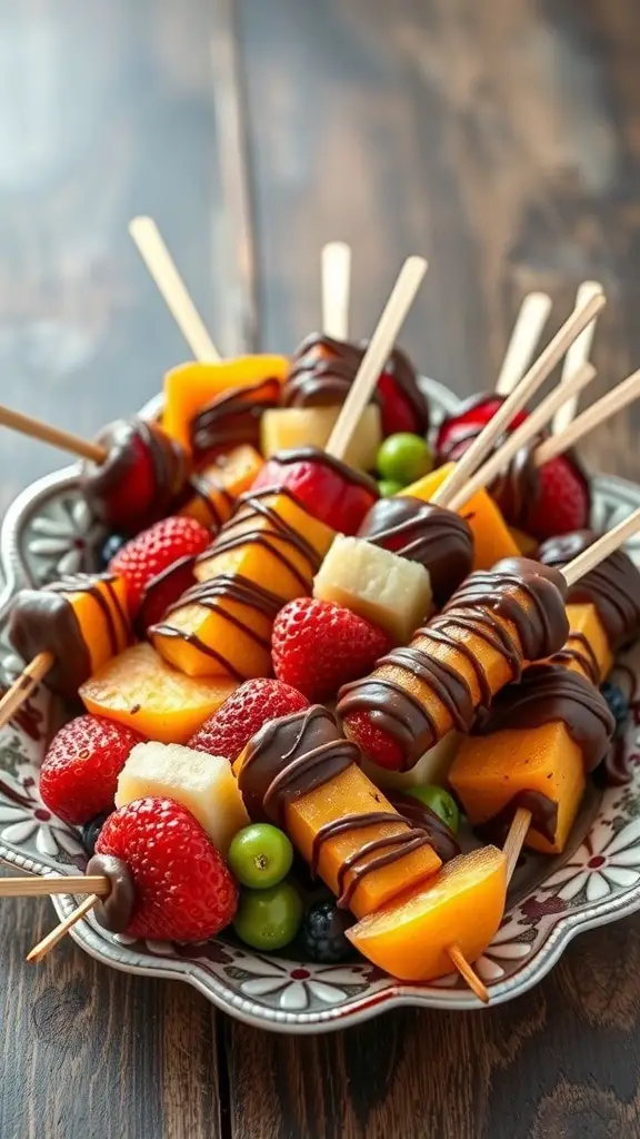 A platter of chocolate-dipped fruit skewers featuring strawberries, melon, and grapes.