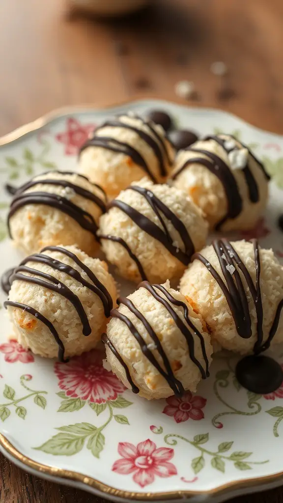A plate of coconut macaroons drizzled with chocolate