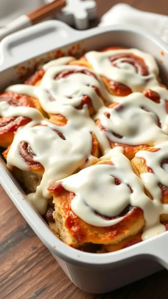 A delicious cinnamon roll casserole topped with cream cheese frosting in a baking dish.