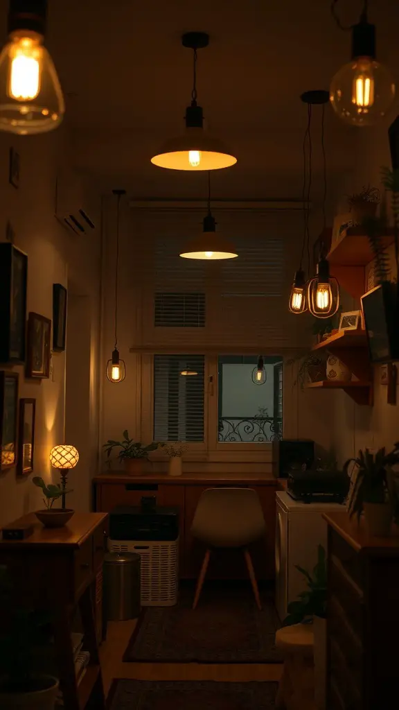 Cozy small apartment with warm lighting from various fixtures.
