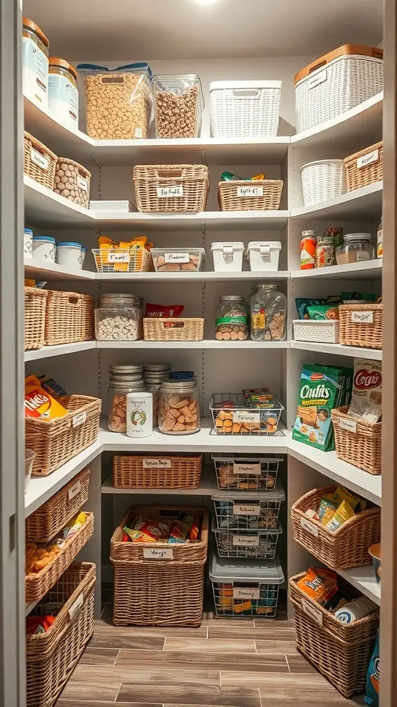 27+ Creative Corner Kitchen Pantry Ideas to Maximize Your Space 16 Organized corner kitchen pantry with labeled baskets and bins