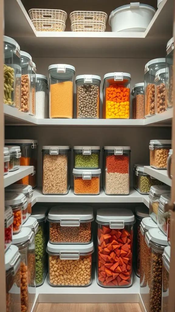 29+ Stylish Pantry Design Ideas to Elevate Your Storage Space 9 A well-organized pantry with clear containers filled with various ingredients.