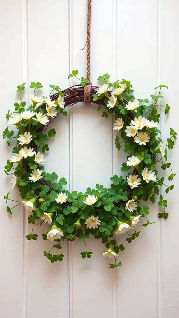 A Floral Clover Wreath featuring green clovers and white flowers on a grapevine base.