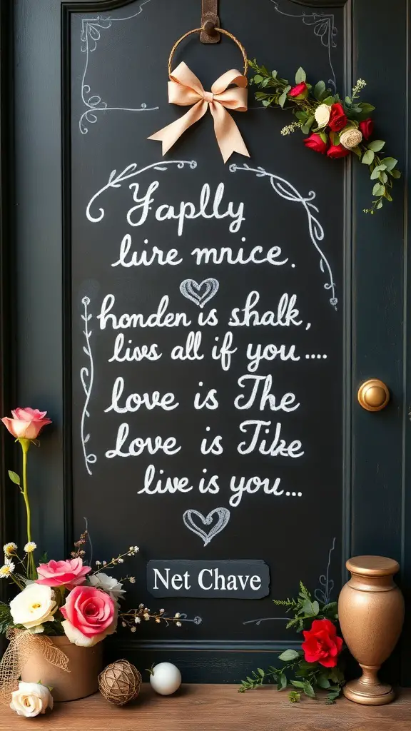 Chalkboard message board with floral decorations and a love message