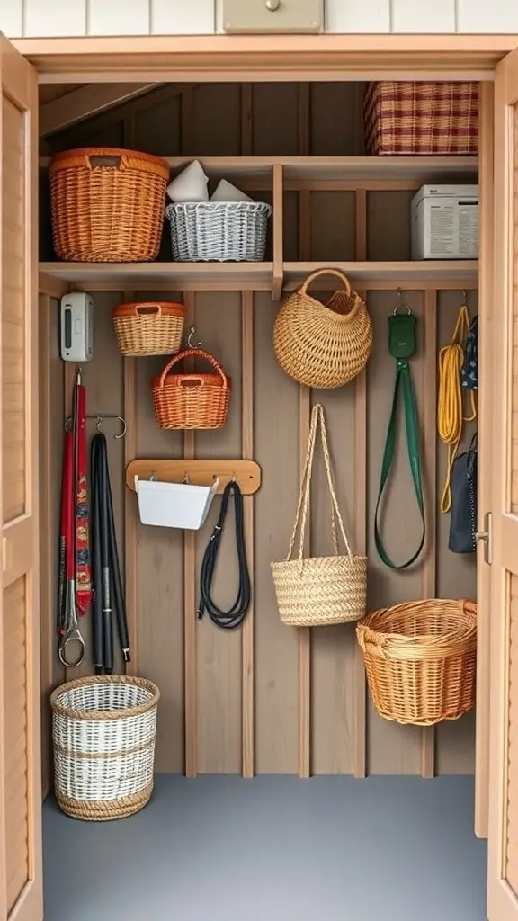 Organized shed interior with hanging storage solutions including baskets and hooks.