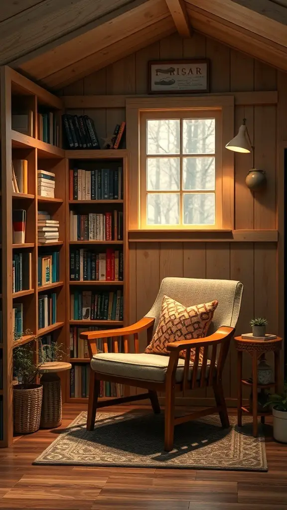 29+ Creative She Shed Ideas for Small Spaces 9 Cozy reading nook with a chair, bookshelf, and warm lighting