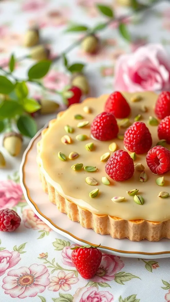 45+ Delightful Easter Desserts You Must Try This Year 7 A beautiful pistachio and raspberry tart topped with fresh raspberries and pistachio pieces, placed on a floral tablecloth.