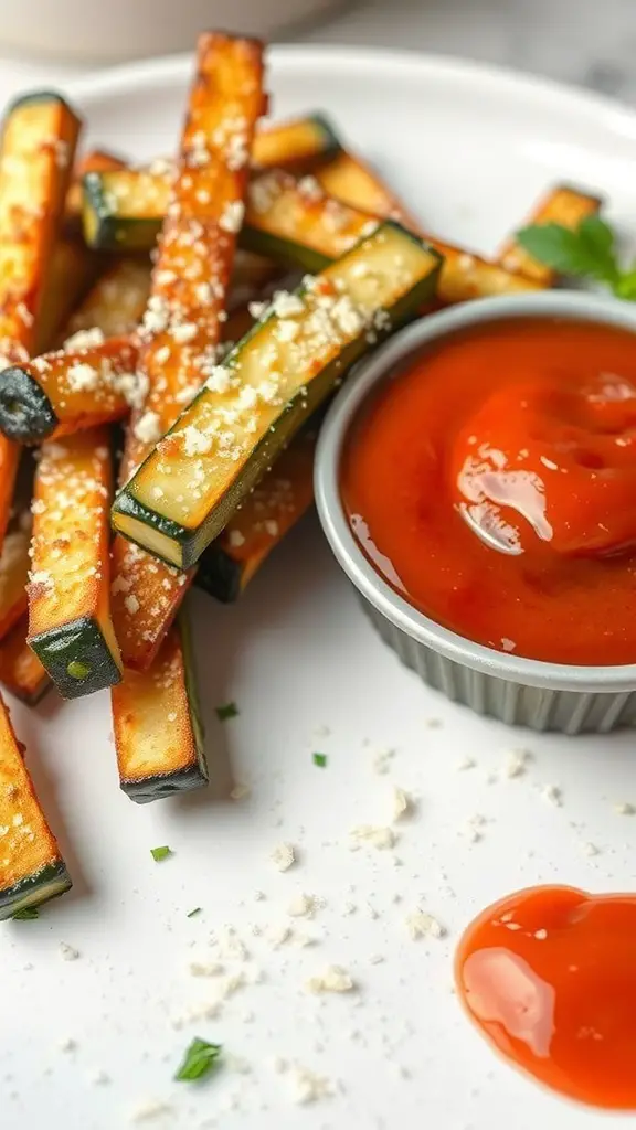A plate of baked zucchini fries with Parmesan cheese and a side of ketchup.