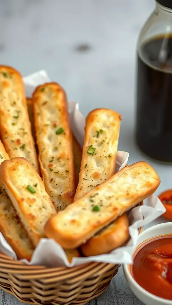 A basket of homemade garlic breadsticks with a side of marinara sauce.