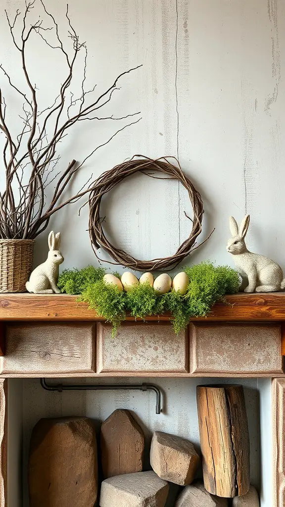 Easter mantle decor featuring branches, bunnies, and eggs