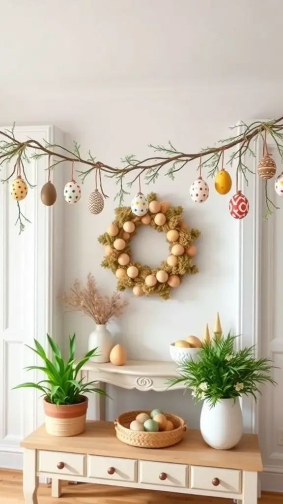 A whimsical egg garland hanging from a branch with colorful eggs, complemented by a wreath and plants on an entryway table.
