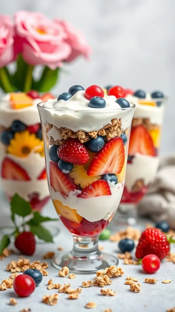 Colorful fruit and yogurt parfaits in glasses, topped with granola and fresh fruits.