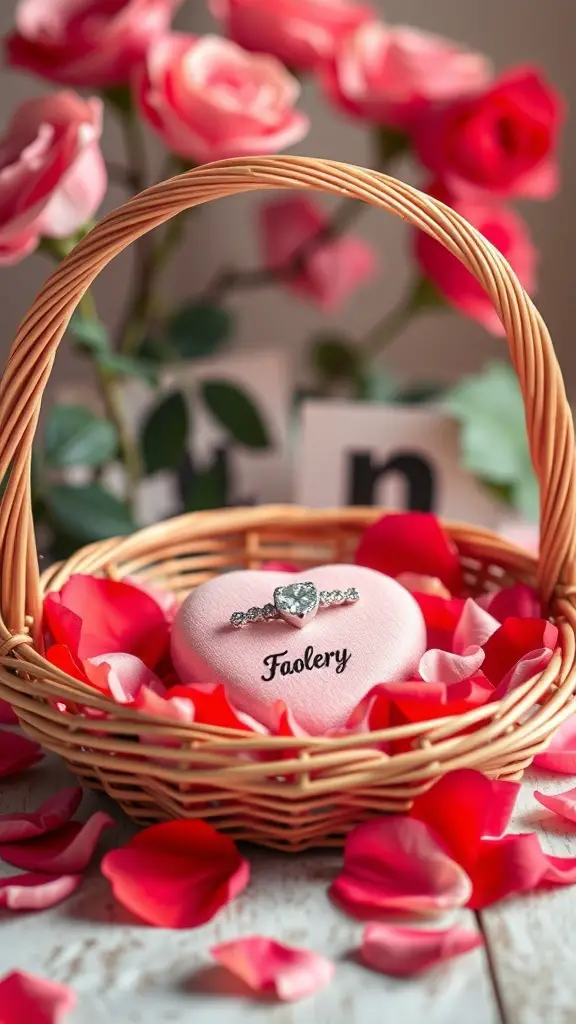 A basket filled with rose petals and a personalized jewelry piece on a heart-shaped cushion.