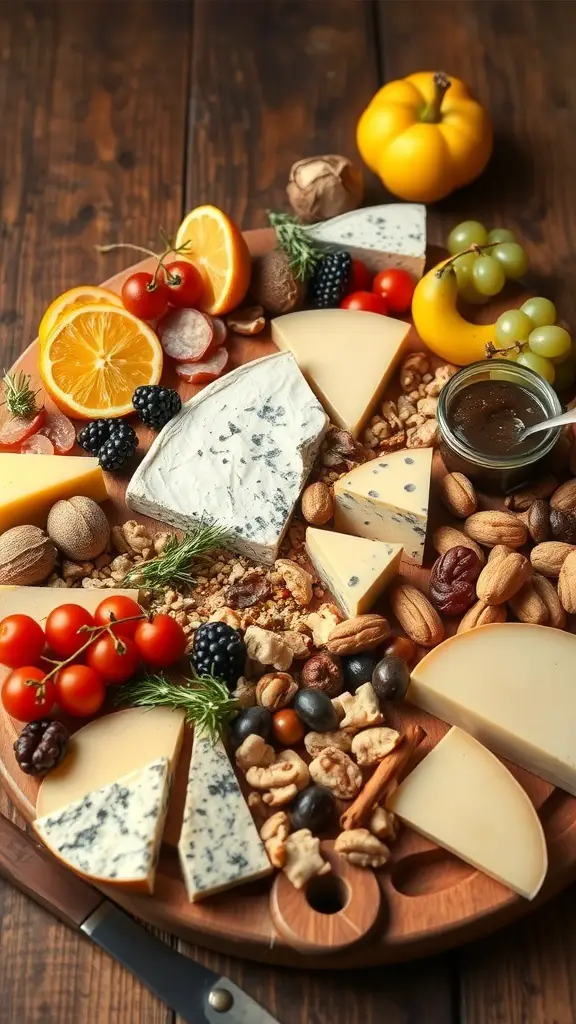 A beautifully arranged cheese and charcuterie board featuring various cheeses, meats, fruits, nuts, and a small bowl of honey.