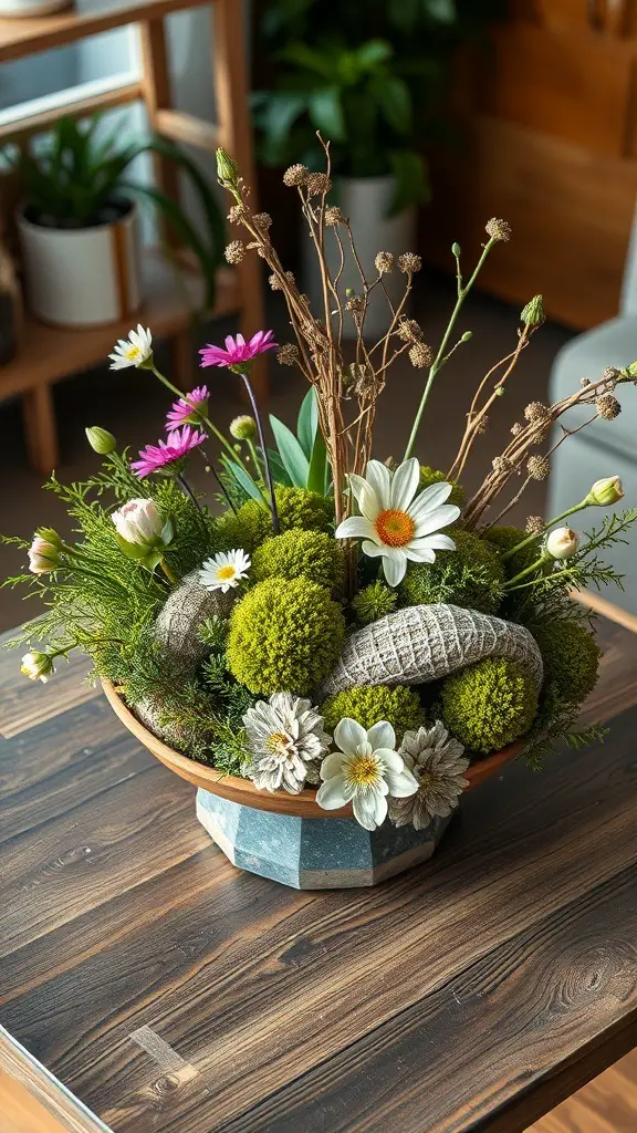 A vibrant spring centerpiece featuring flowers, moss, and decorative stones arranged in a wooden bowl on a coffee table.