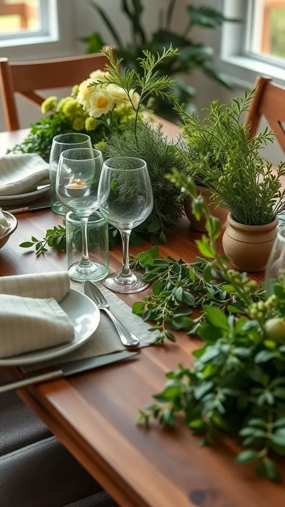 A beautifully arranged table with seasonal greenery accents, featuring potted plants and elegant glassware.