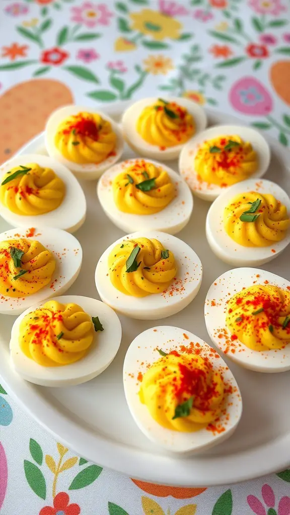 A platter of deviled eggs topped with herbs and paprika, set against a colorful floral tablecloth.