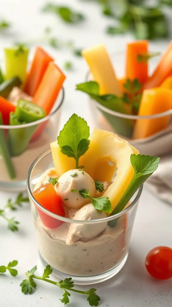 Colorful veggie cups with hummus, featuring carrots, bell peppers, and cucumbers.