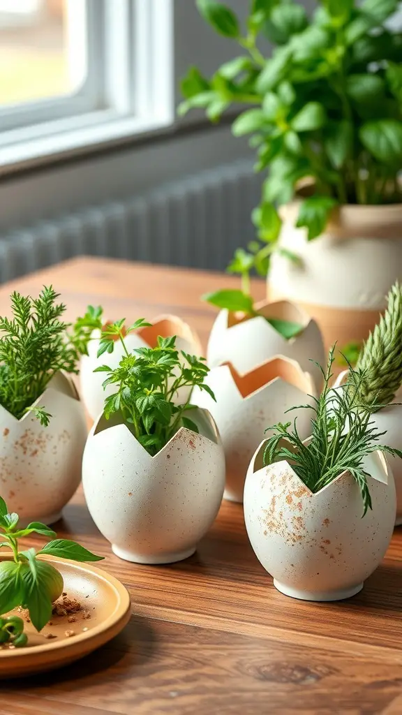 Eggshell planters filled with herbs on a wooden table