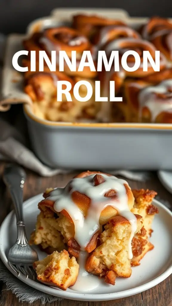 A plate of cinnamon roll bread pudding topped with icing, with a baking dish in the background.