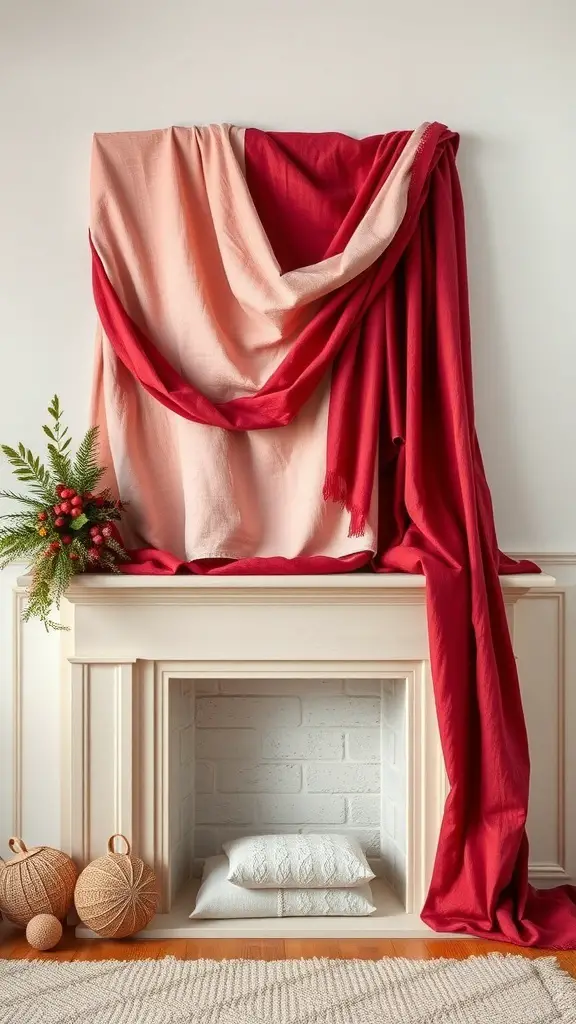 A mantle decorated with layered fabrics in red and blush, featuring greenery and decorative elements.