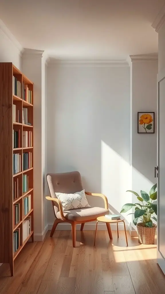Cozy nook in a small apartment featuring a chair, bookshelf, and plant