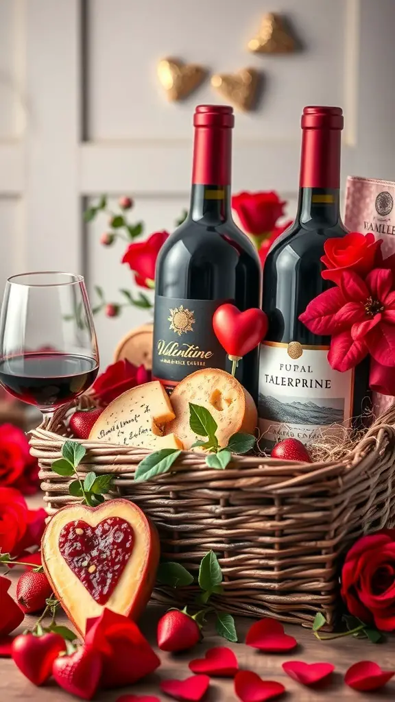 A romantic Valentine's basket featuring two bottles of wine, heart-shaped cheese, strawberries, and roses.