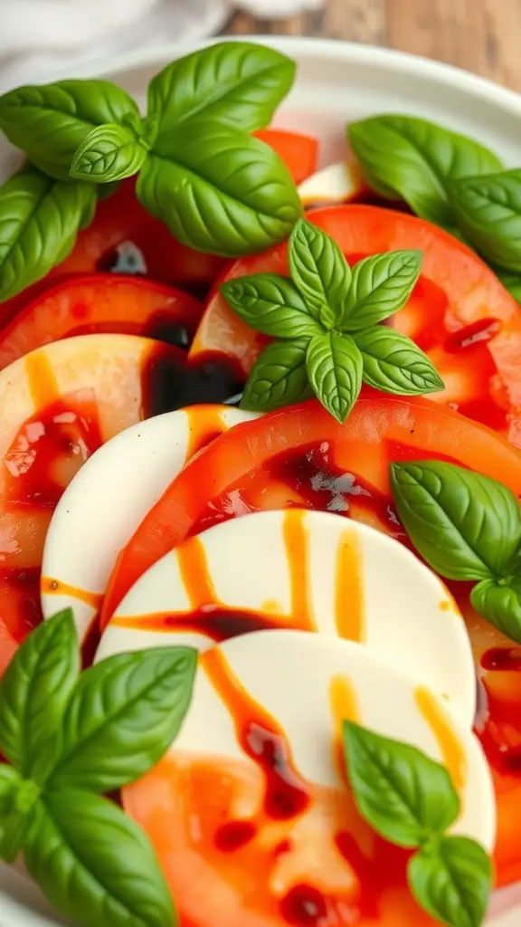 A close-up of a Caprese salad featuring slices of tomato and mozzarella topped with fresh basil and balsamic reduction.