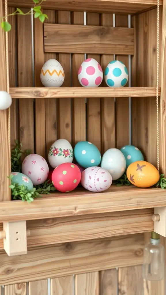 A rustic wooden shelf displaying colorful Easter eggs with decorative patterns.
