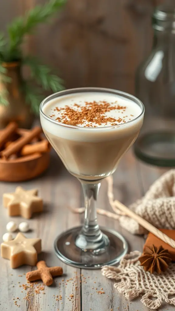 A Vanilla Chai White Russian cocktail garnished with spices, surrounded by festive decorations.