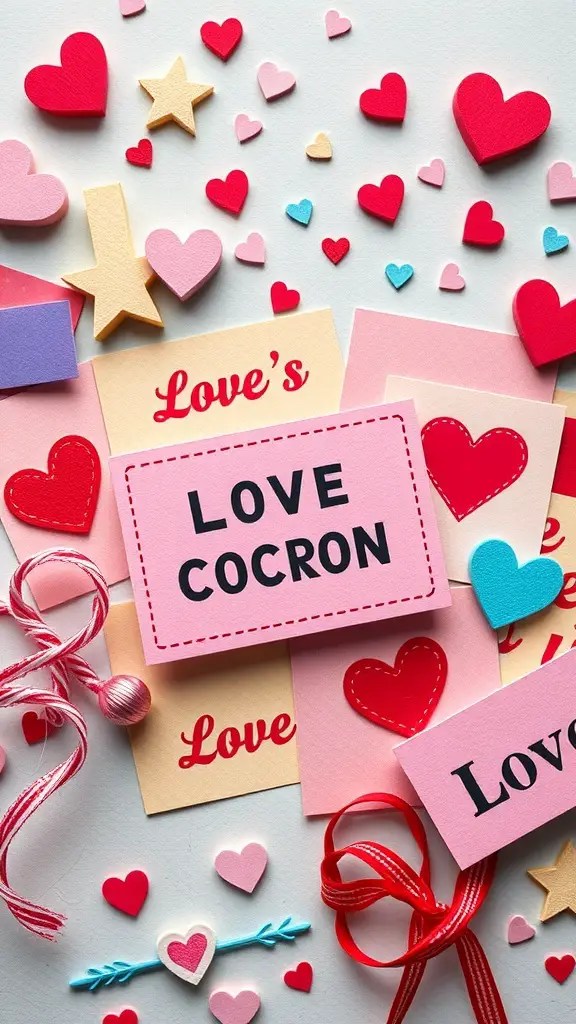 Colorful assortment of heart-shaped cutouts, ribbons, and playful cards for handmade love coupons.