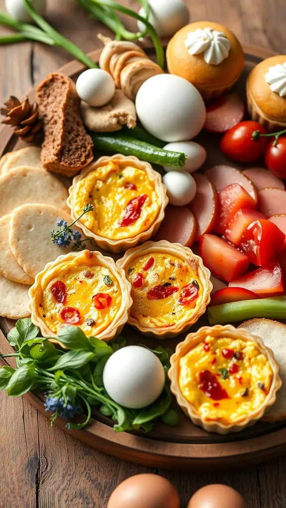 51+ Creative Easter Charcuterie Board Ideas 14 A delicious spread of mini quiches, fresh vegetables, and savory bites on a wooden platter.